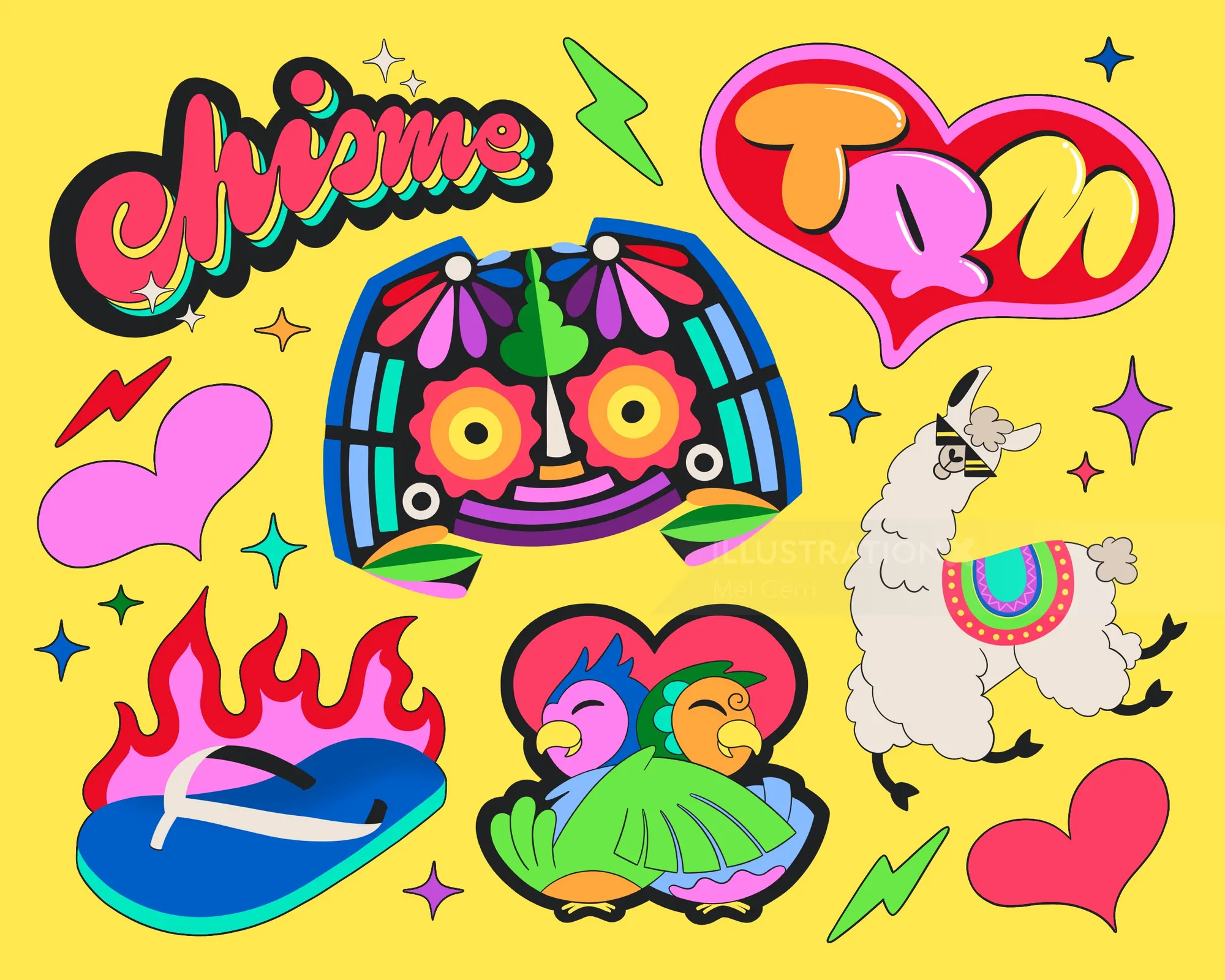 Ícones personalizados da cultura latina do Discord, incluindo chisme, TQM e lhama, por Mel Cerri
