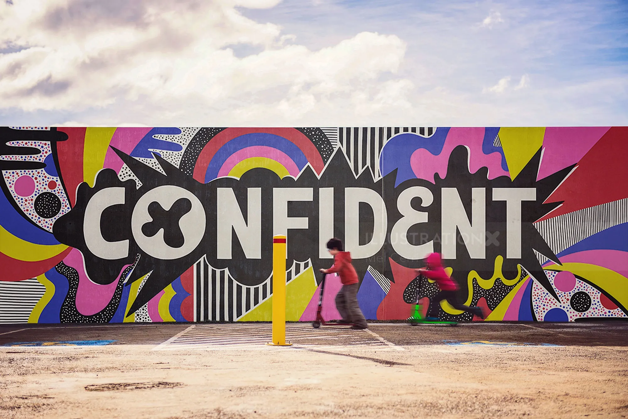 Mural with colorful CONFIDENT lettering by Mel Cerri