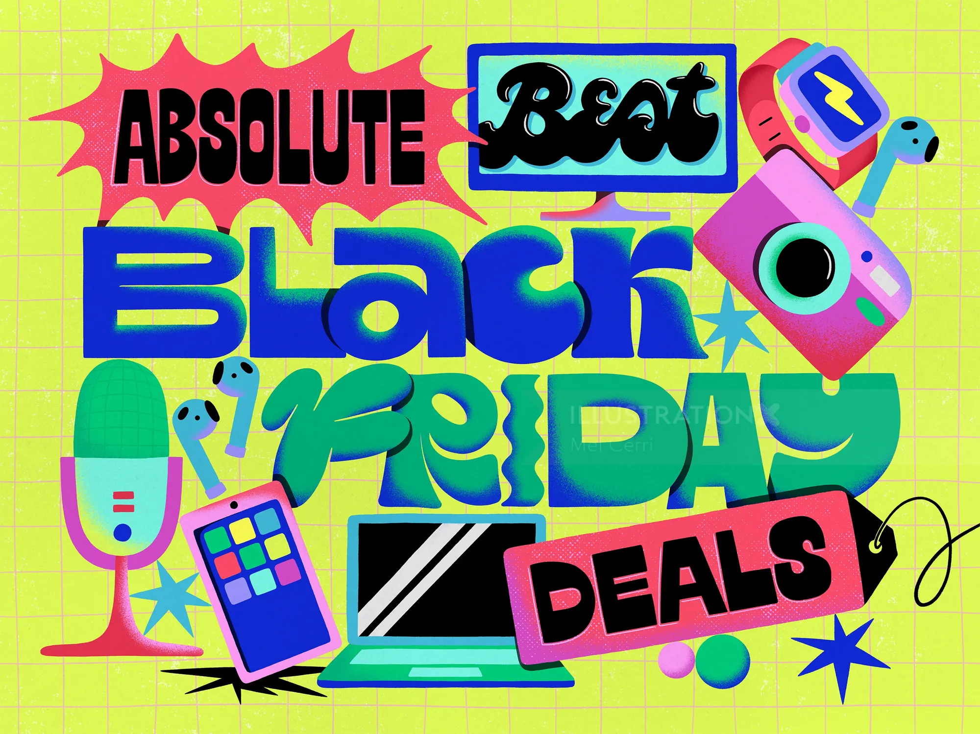 Colorful Black Friday deals artwork by Mel Cerri with tech gadgets and bold lettering