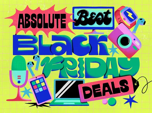 Colorful Black Friday deals artwork by Mel Cerri with tech gadgets and bold lettering