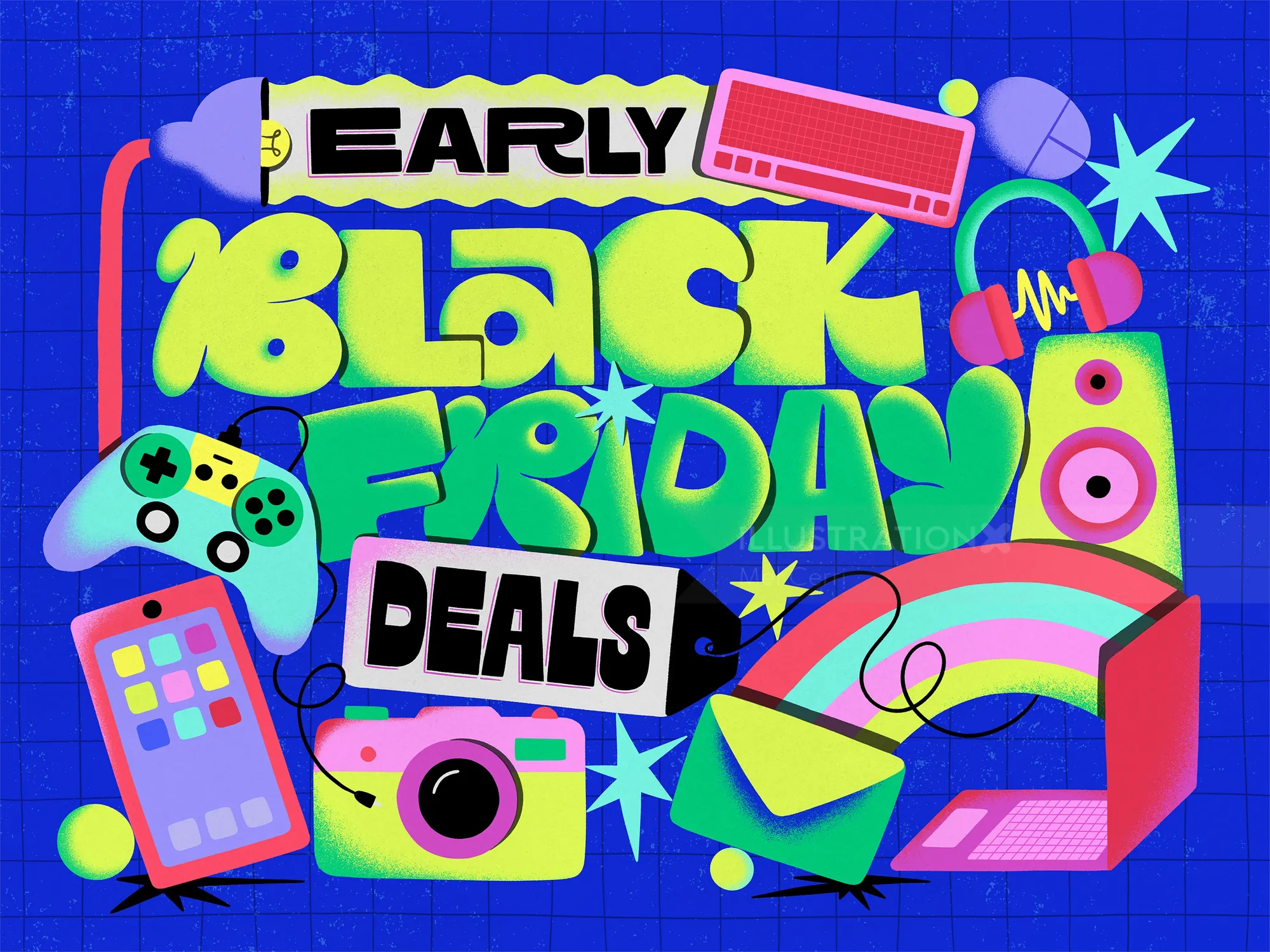 Colorful illustration of Black Friday deals with tech gadgets by Mel Cerri