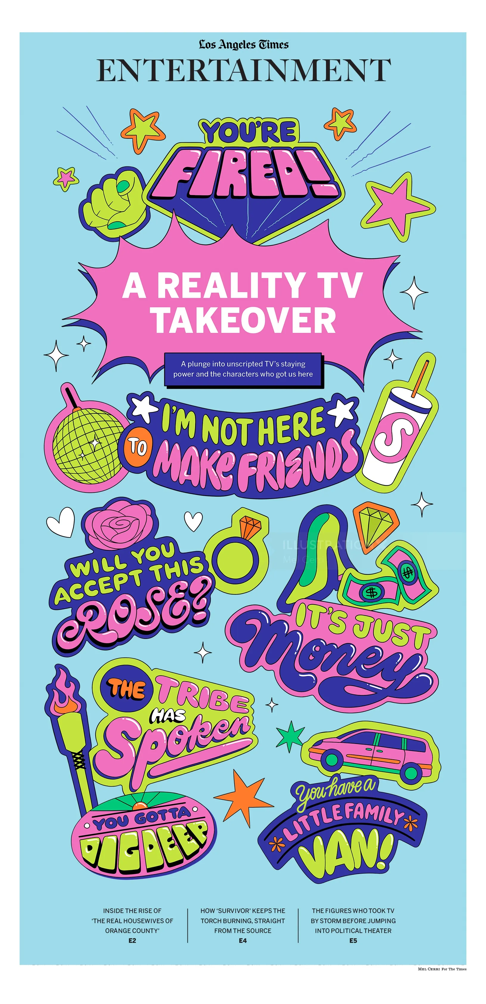 Sticker-style reality TV icons and catchphrases by Mel Cerri
