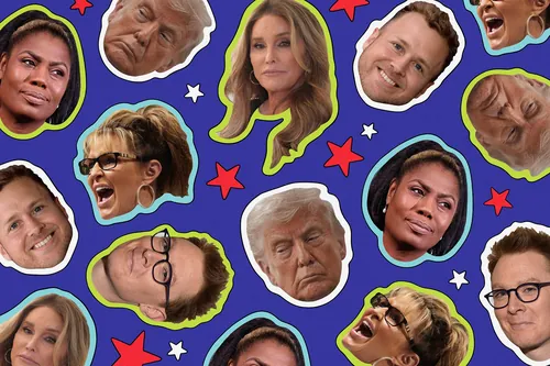 Sticker-style portraits of various reality TV figures by Mel Cerri