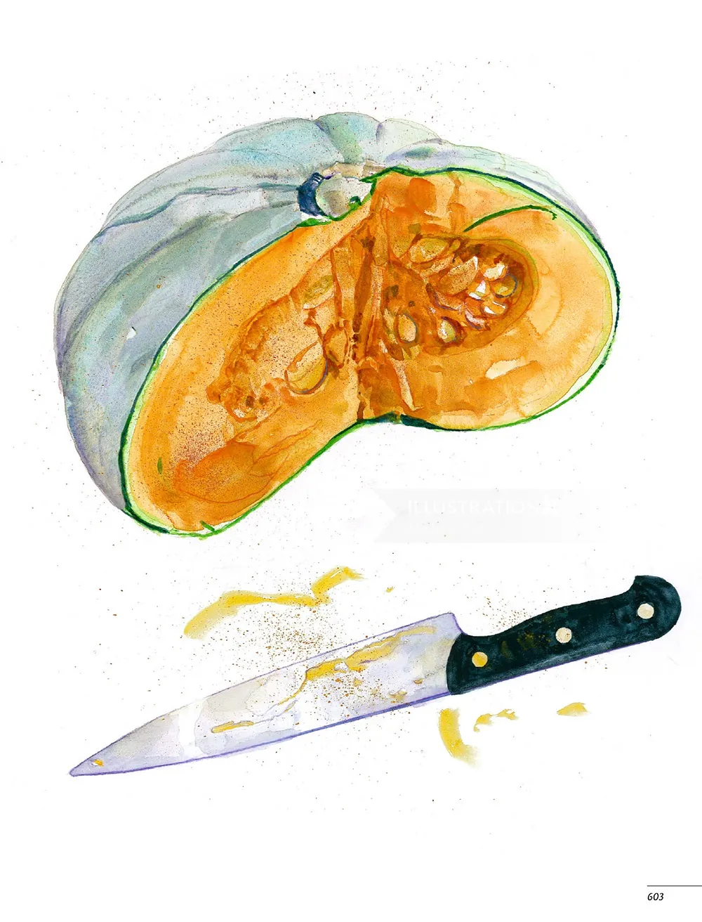 Halved green pumpkin with seeds and kitchen knife on white background