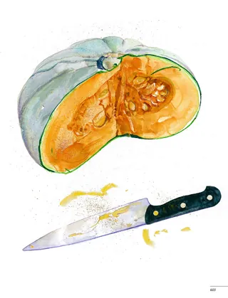 Halved green pumpkin with seeds and kitchen knife on white background