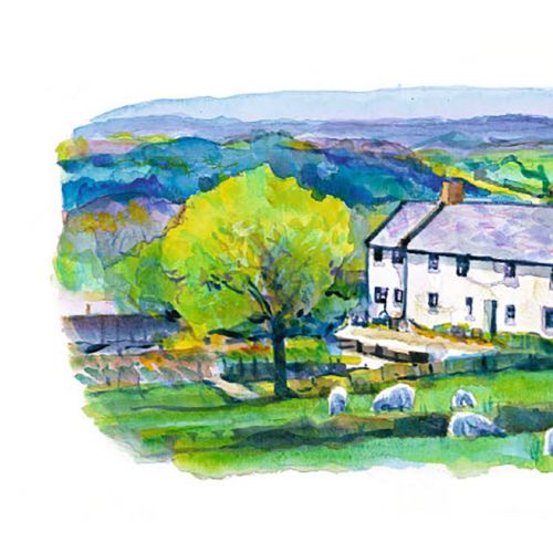 Countryside house with sheep and trees in watercolor style
