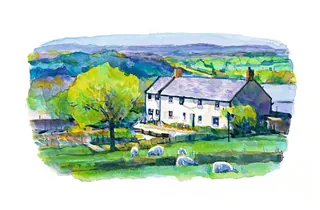 Countryside house with sheep and trees in watercolor style