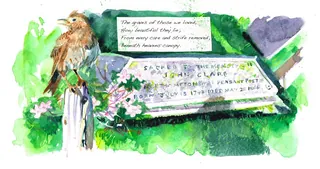 Bird on post beside a grave with flowers and a poetic inscription.