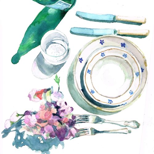 Watercolor painting showing plates, cutlery, water bottle, glass, and flowers on a white background.