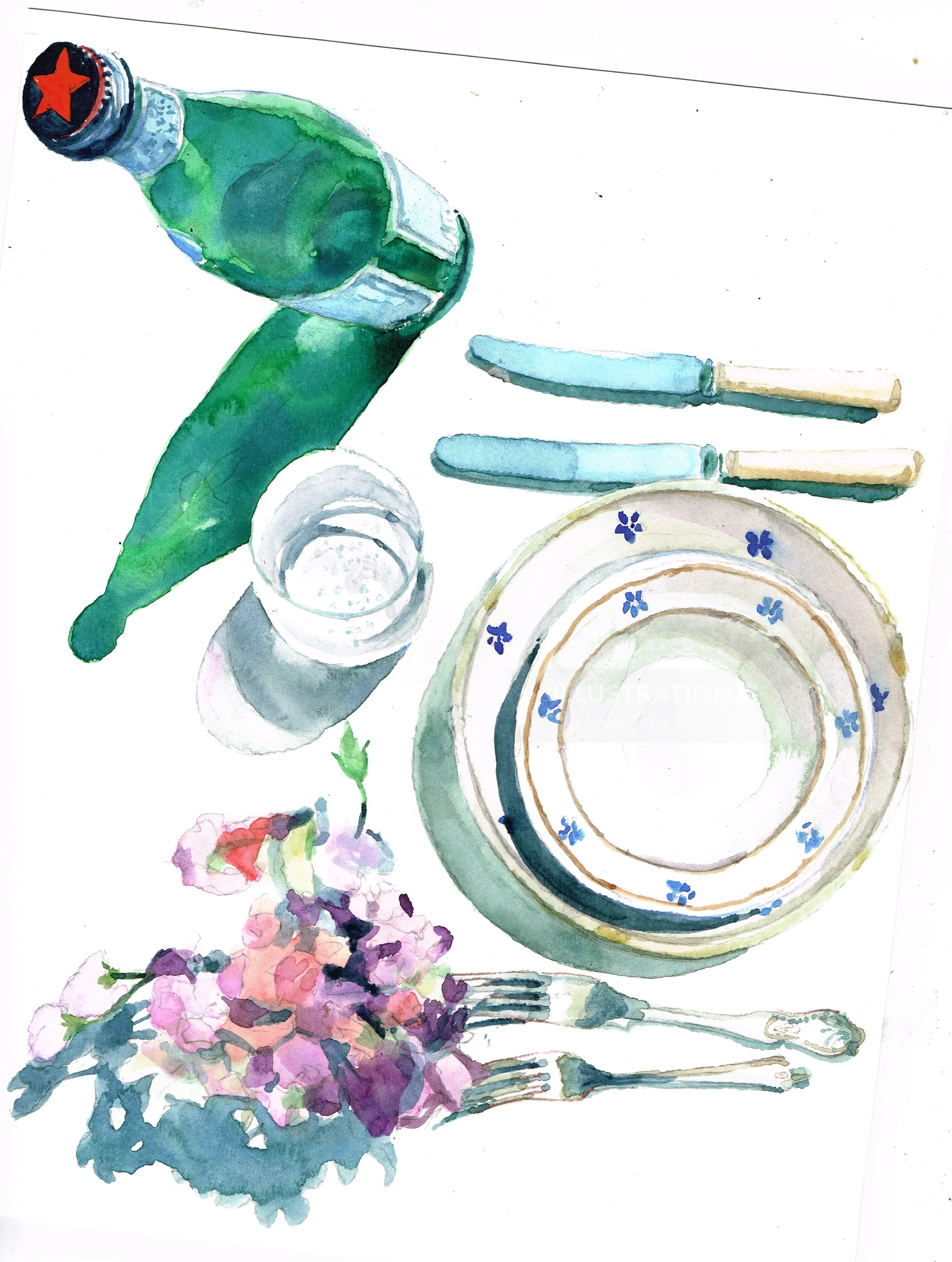 Watercolor painting showing plates, cutlery, water bottle, glass, and flowers on a white background.