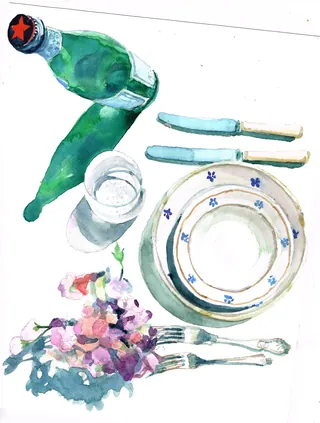 Watercolor painting showing plates, cutlery, water bottle, glass, and flowers on a white background.