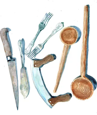 Watercolor vintage kitchen utensils including knives, forks, and ladles