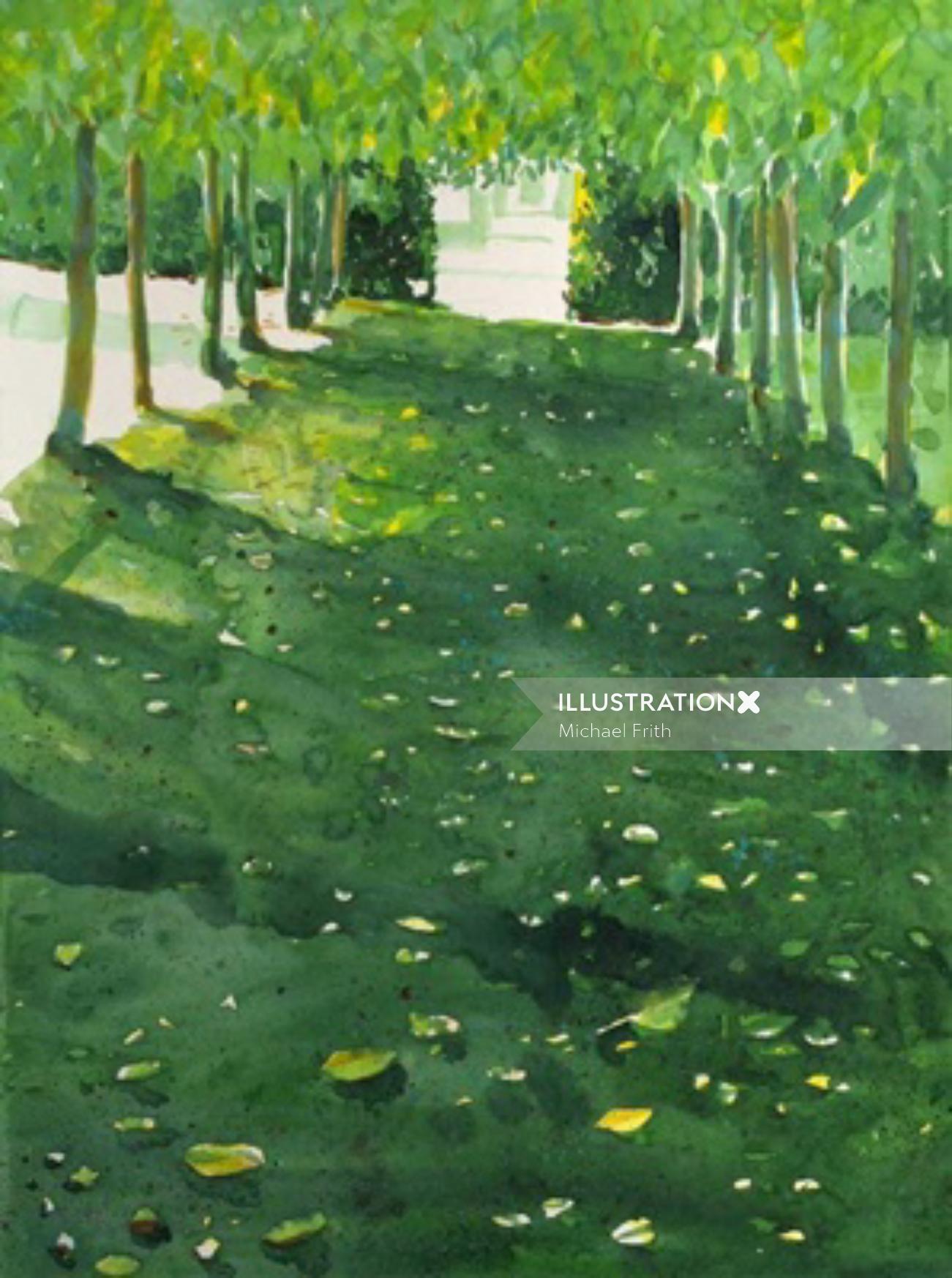 緑の庭の小道の絵