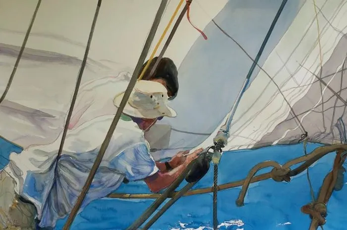 Painting of couple riding on boat 