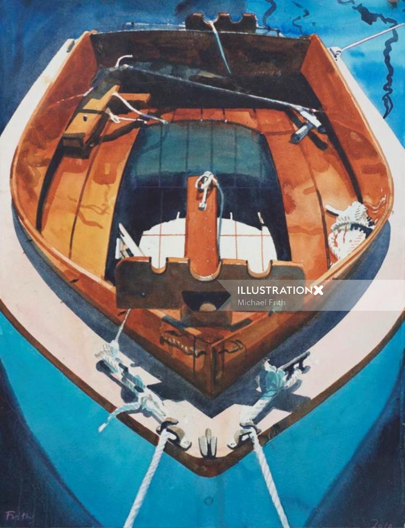Desenho em aquarela de navio bote