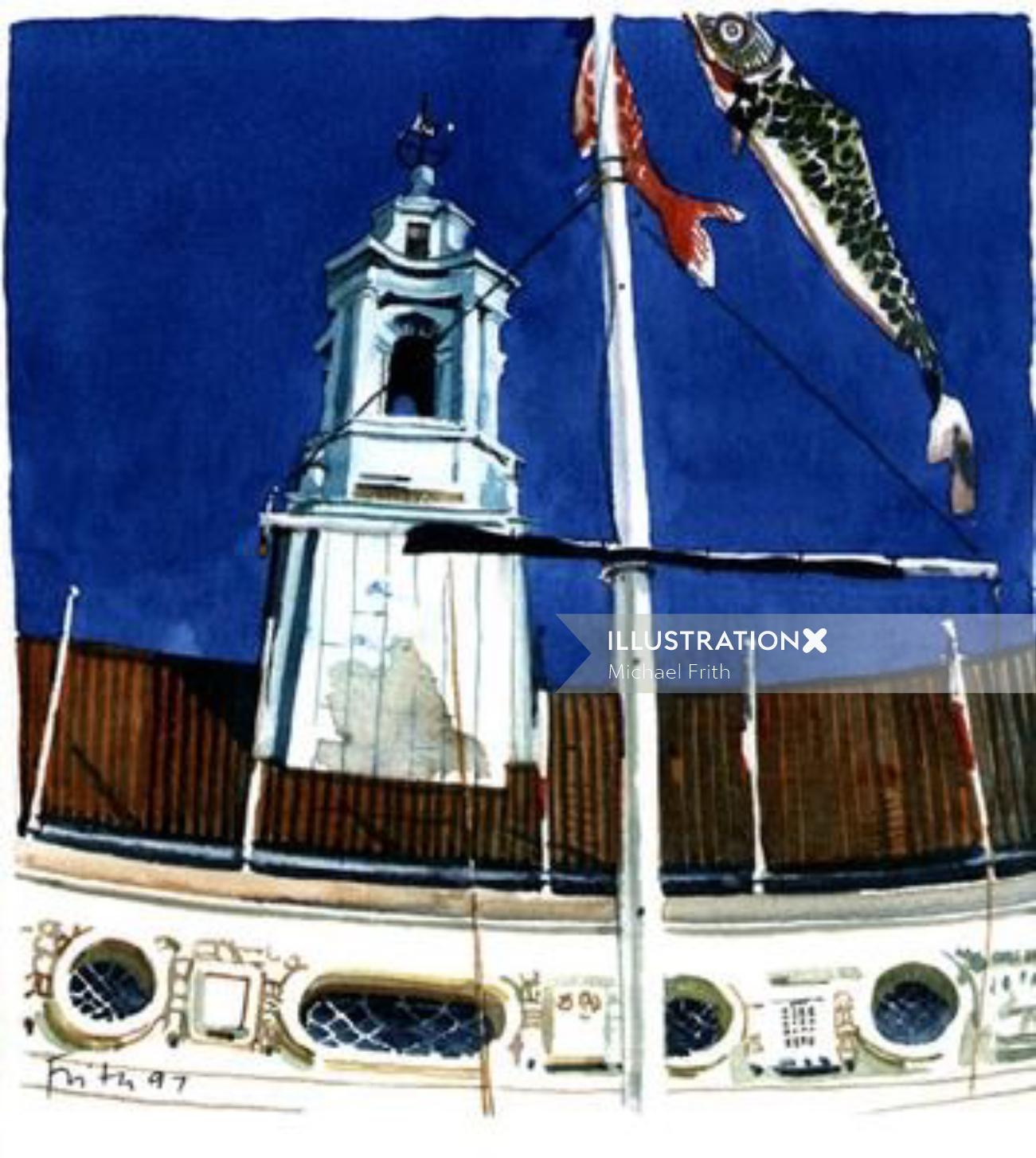 Oil painting of clock tower