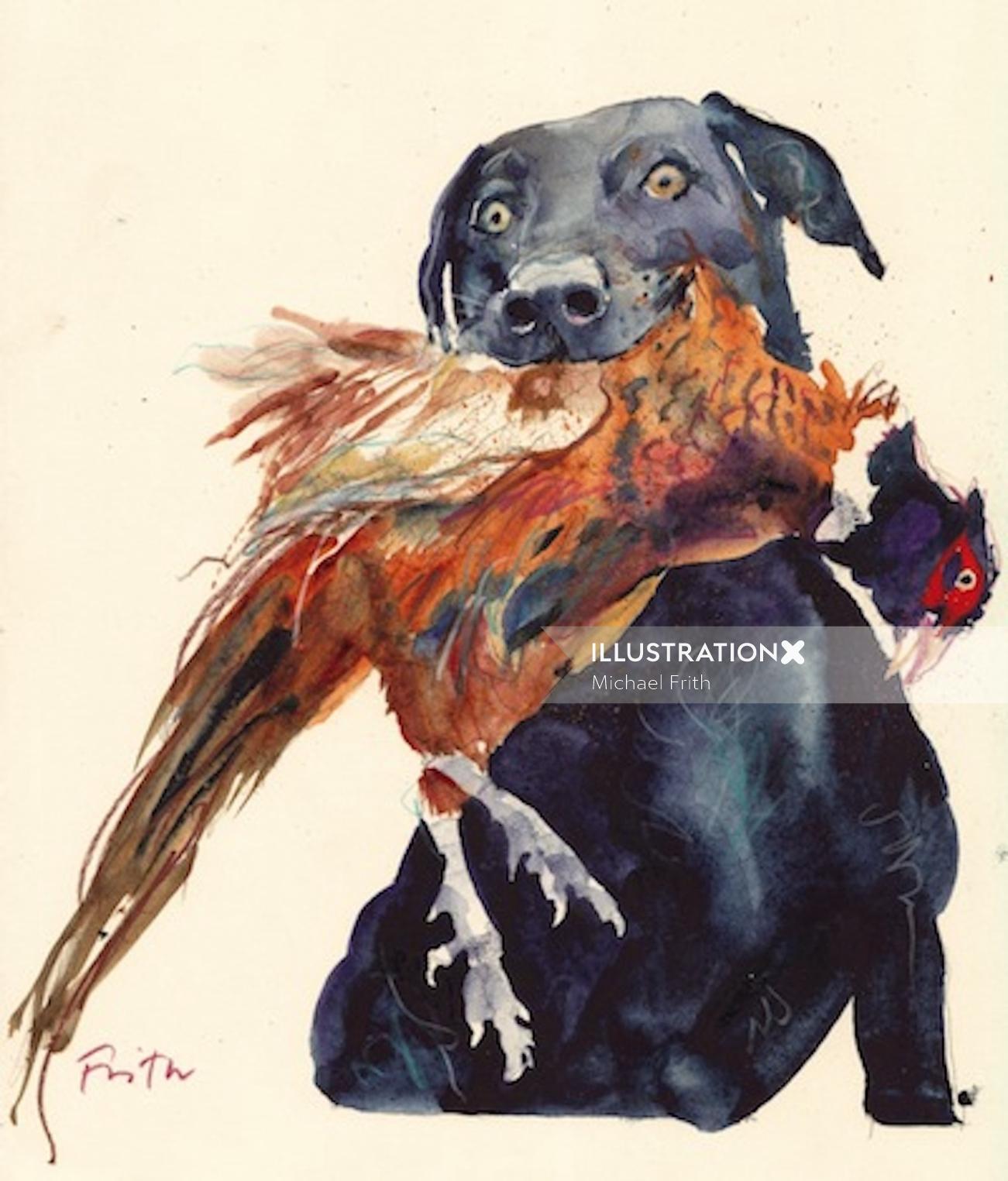 Dog eating hen watercolor drawing 