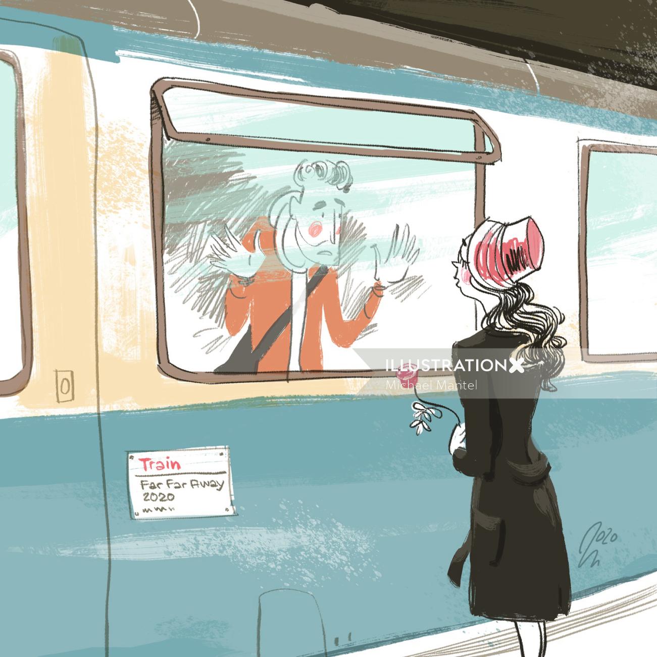 Young couple farewell at train station digital artwork