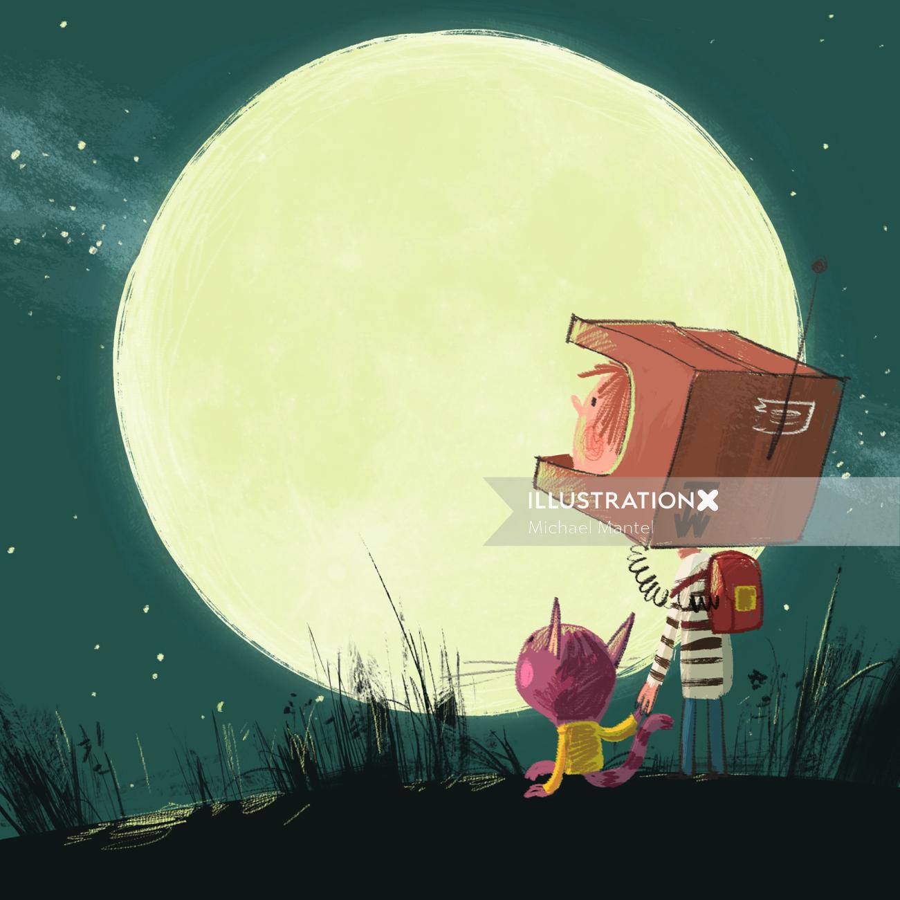 Enfant avec animal de compagnie en combinaison spatiale faite maison regardant la lune