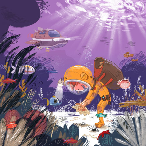 Digital art of submarine underwater adventure
