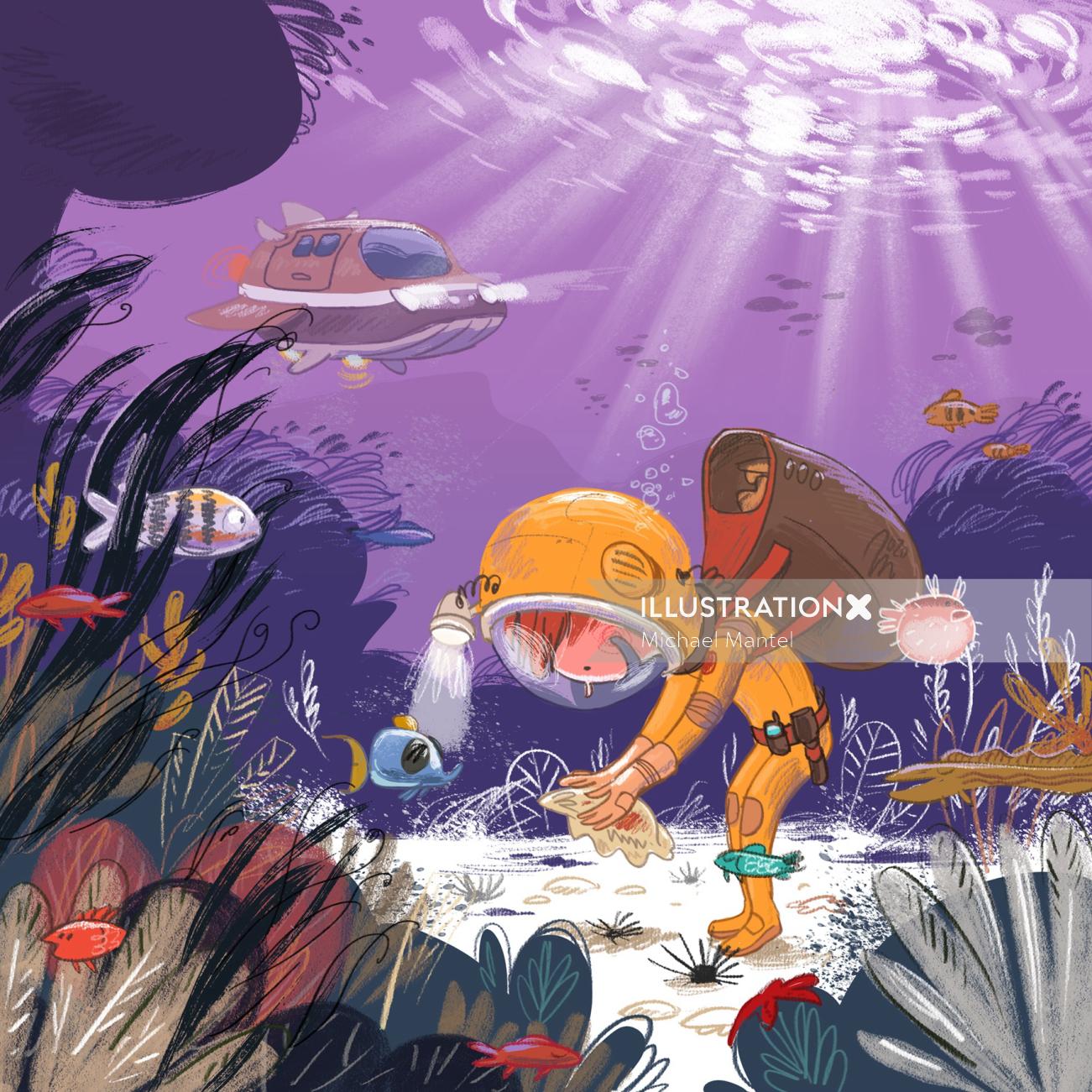 Digital art of submarine underwater adventure