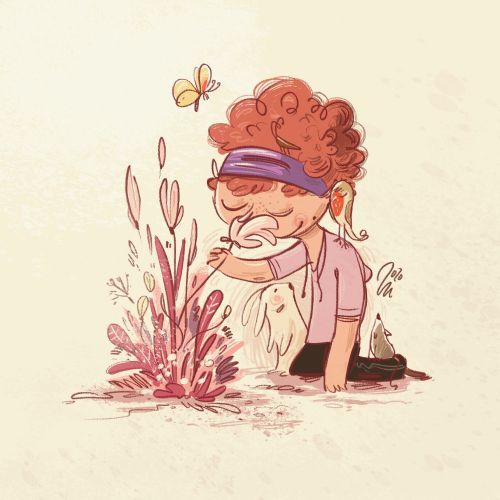 Line illustration of a girl smelling flowers 