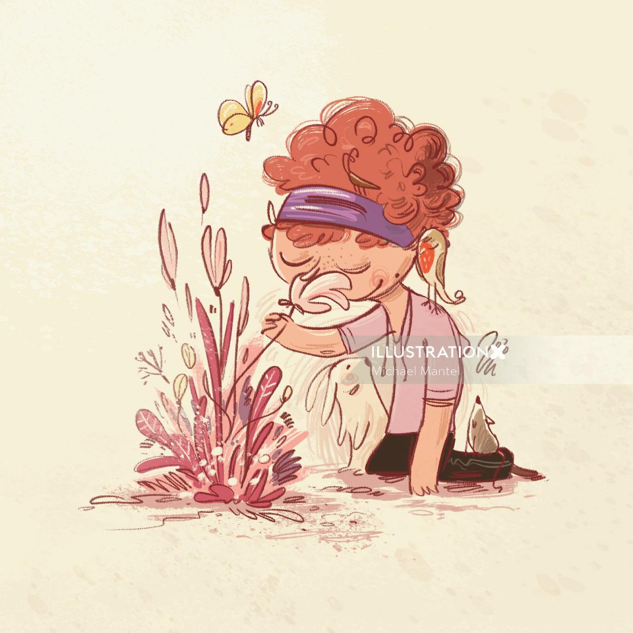 Line illustration of a girl smelling flowers 