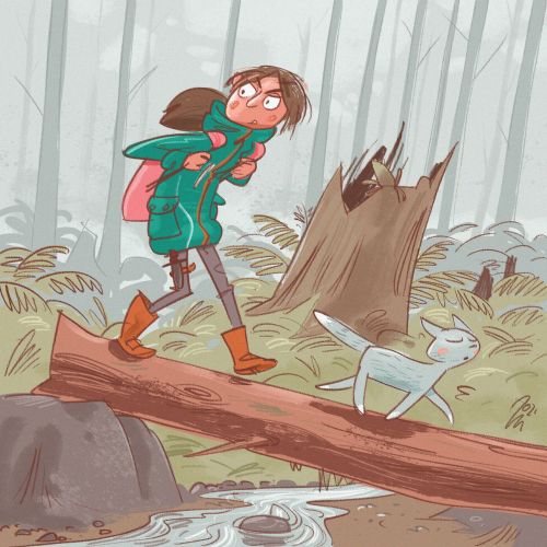 Girl walking on tree trunk in forest 