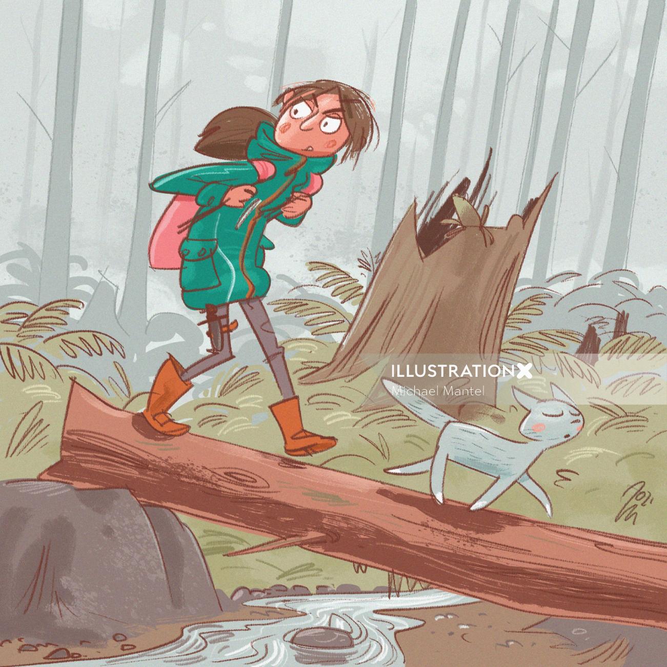 森の中の木の幹を歩く女の子