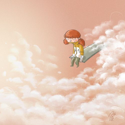 Line illustration of a girl setting inside the Cloud 