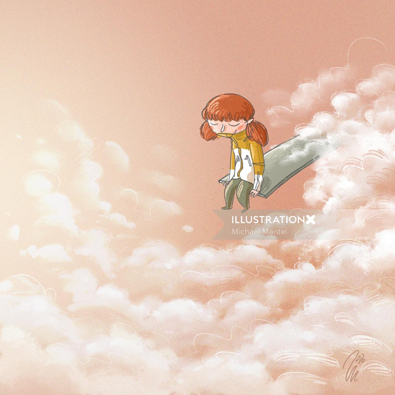 Illustration de la ligne d&#39;un réglage de fille à l&#39;intérieur du nuage