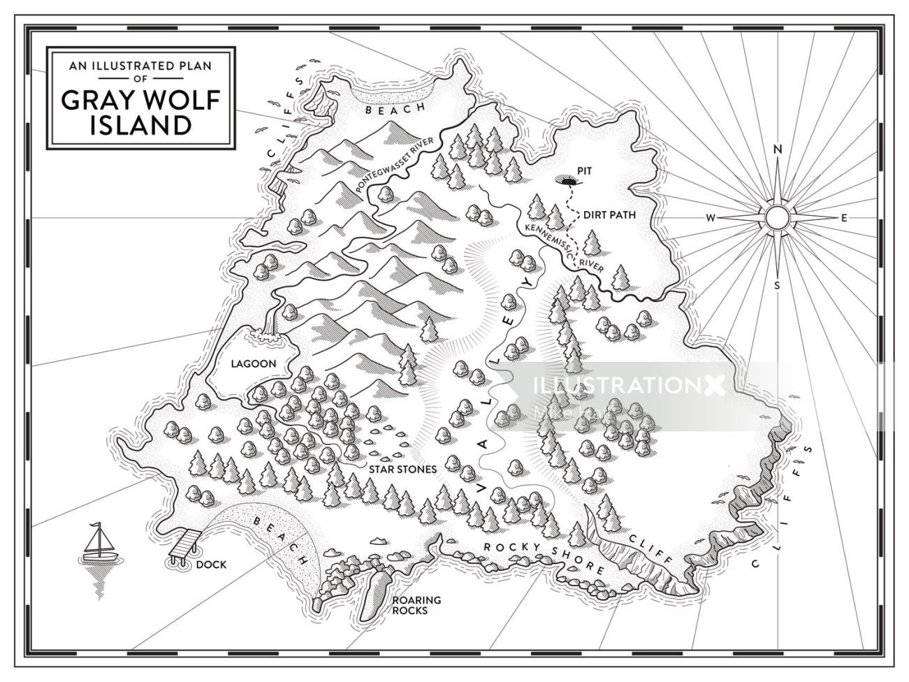 Mapa imaginario de la isla por Mike Hall