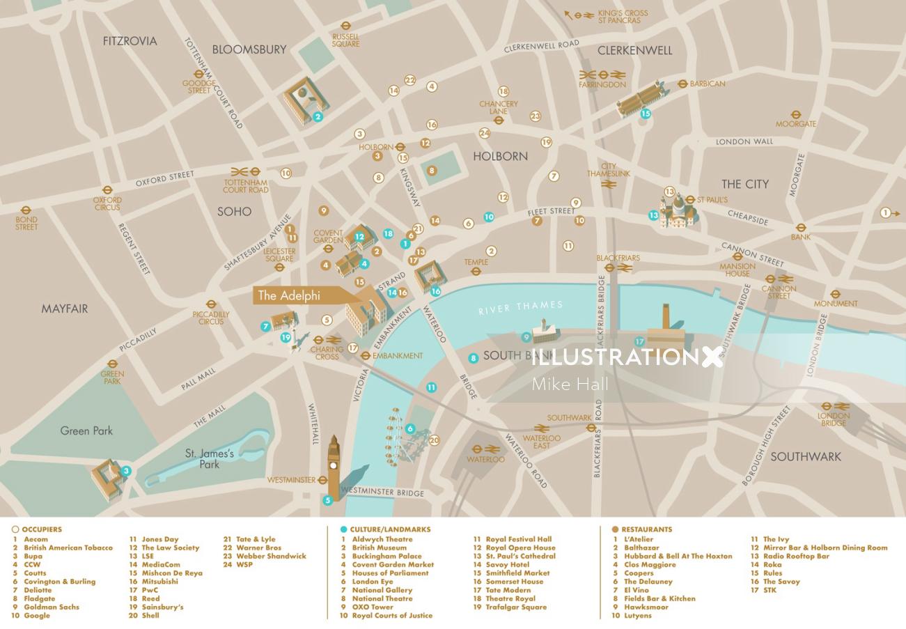 El diseño del mapa Adelphi en Londres por Mike Hall