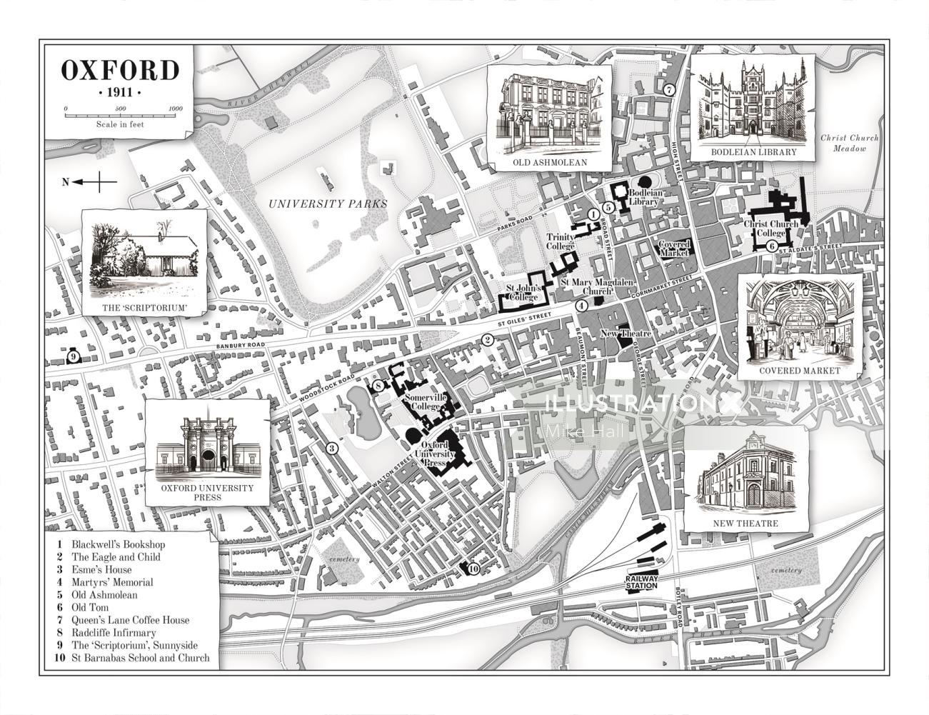 1911 年のオックスフォードの白黒地図。
