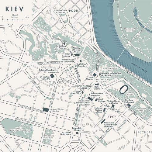 Black and white map illustration of Map of Kyiv, Ukraine