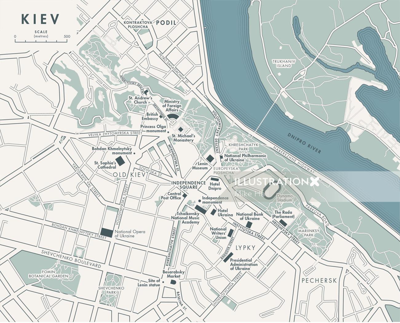 Mapa de Kiev, Ucrania para la &#39;Plaza de la Independencia&#39;
