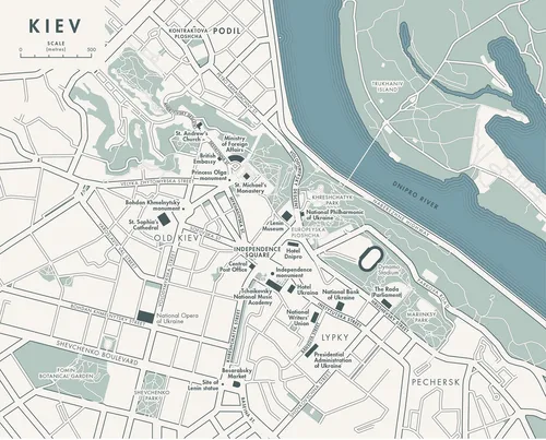 Black and white map illustration of Map of Kyiv, Ukraine
