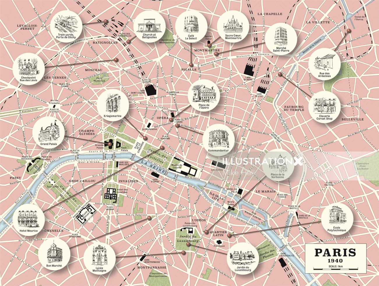 レトロなパリの地図イラスト