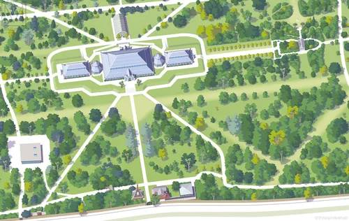 Aerial view of Kew Gardens pavilion and pathways by Mike Hall