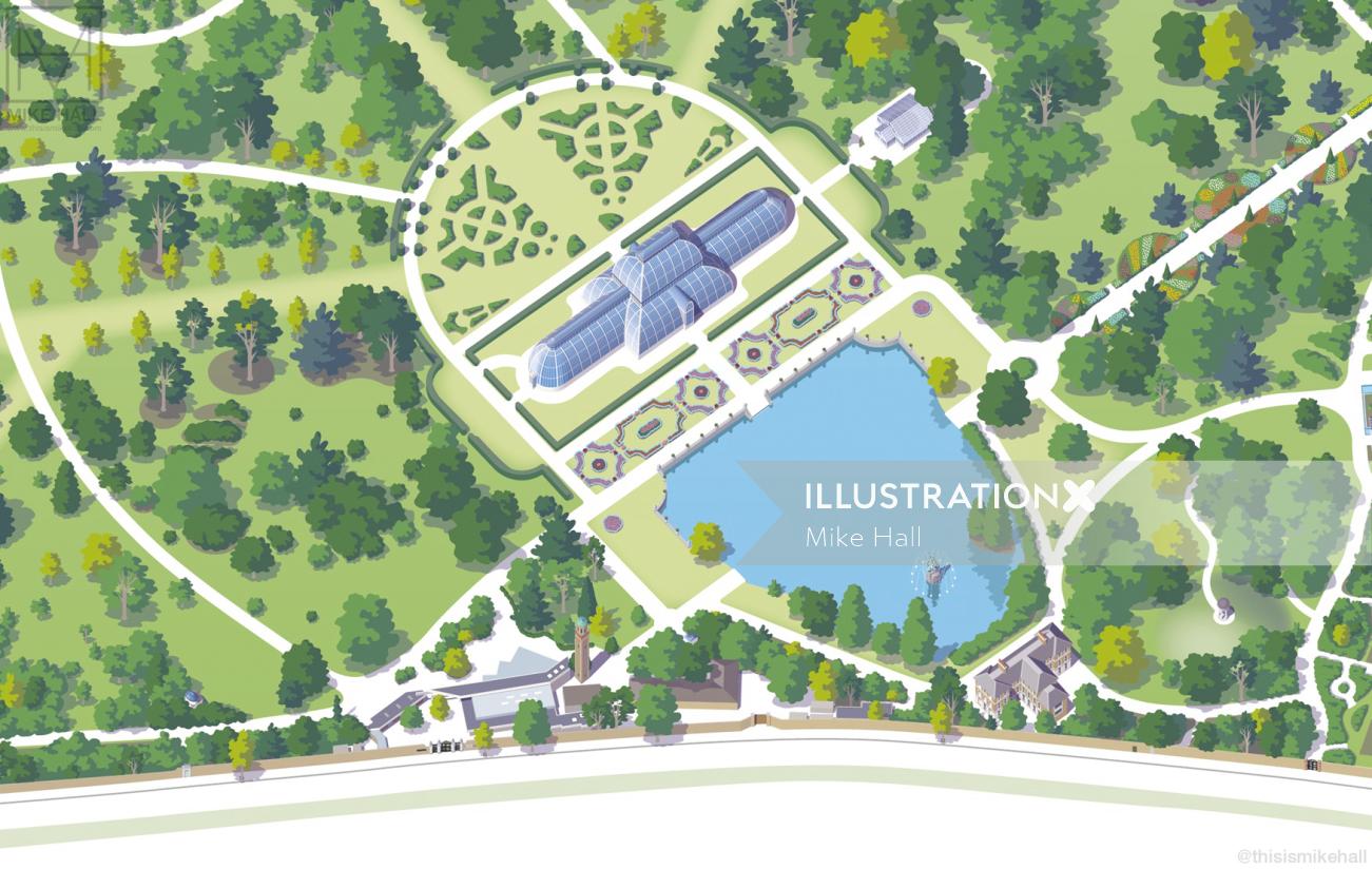 Detailed map painting of Kew Garden