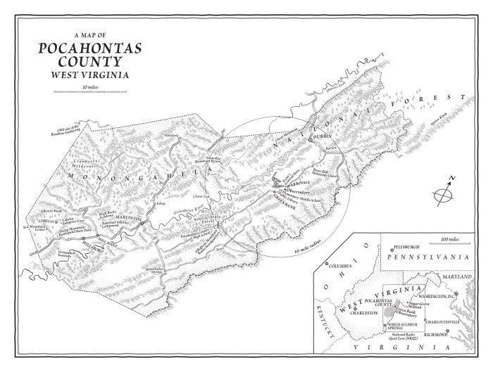 Uma ilustração do mapa do Condado de Pocahontas, Virgínia Ocidental