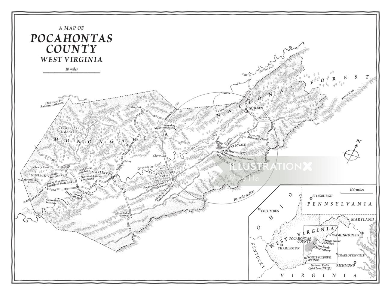 ウェストバージニア州ポカホンタス郡の地図イラスト