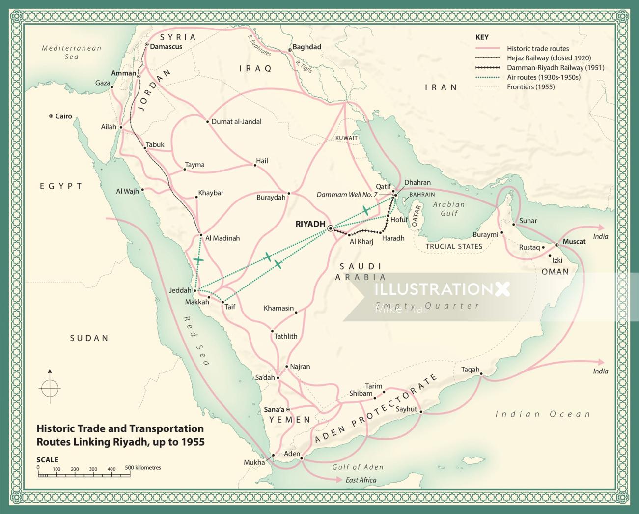 1995年のリヤドを結ぶ輸送ルートマップ