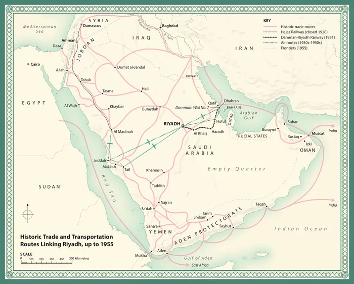 Transportation routes map linking Riyadh in 1995