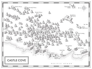 Ilustración de mapa en blanco y negro de Castle Cove