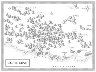 Ilustra??o do mapa em preto e branco de Castle Cove