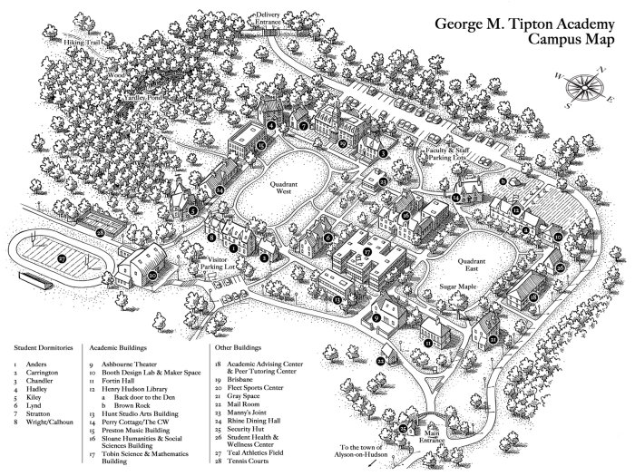 Mapa do campus da Academia George M. Tipton em preto e branco