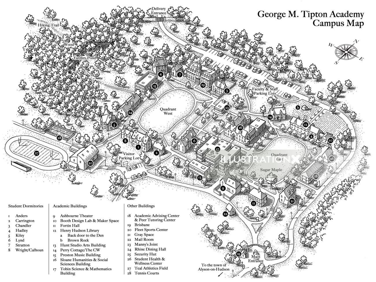 ジョージ M. ティプトン アカデミーの白黒キャンパス マップ