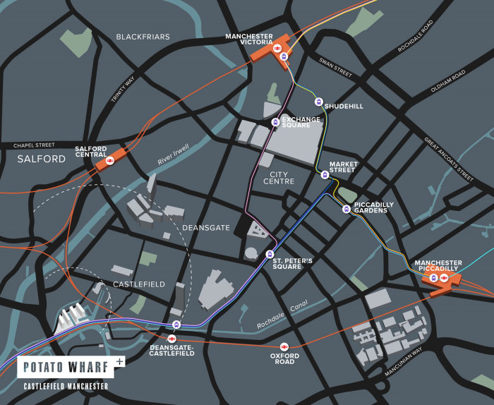Ilustração de um mapa mostrando Potato Wharf, Castlefield Manchester