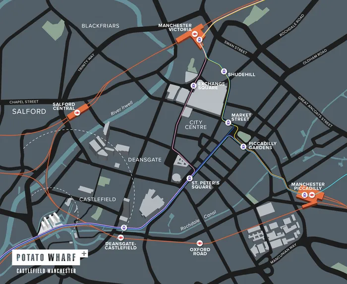 Illustration of a map showing Potato Wharf, Castlefield Manchester